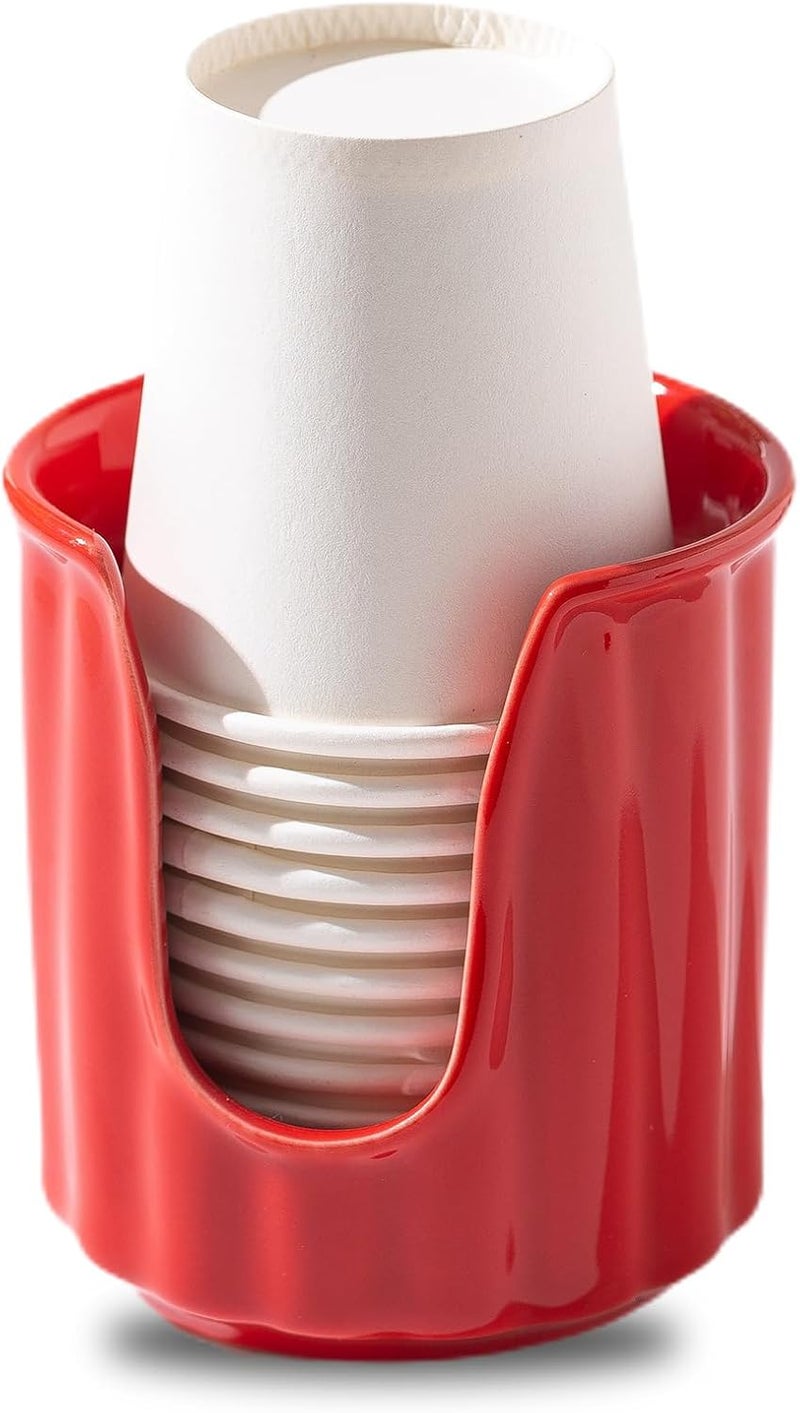 TANEW Kid Ceramic Bathroom Cup Dispenser with Stylish Vertical Stripes - Dixiee Cup Dispenser & Mouthwash Cup Holder Holds 3oz Paper Cups for Rinsing Cups on Bathroom Vanity Countertops Glossy Red - Image 1